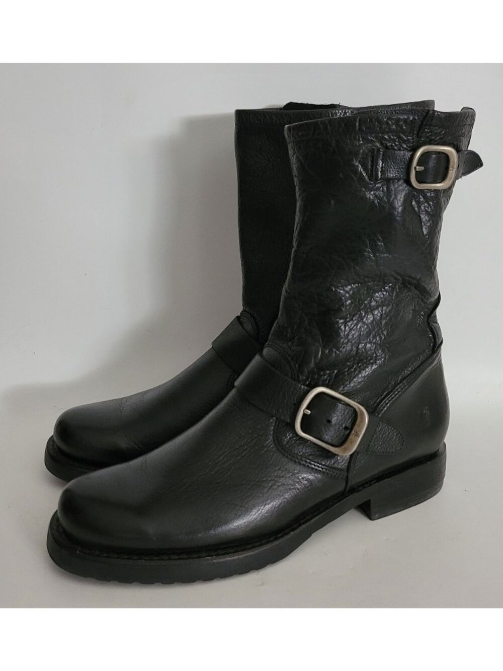 FRYE Veronica Slouch Black Leather Engineer Harness Biker Moto Ankle Boots 7 B